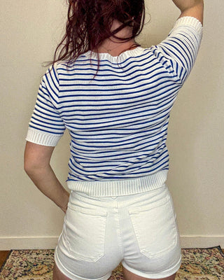Navy Pointelle Striped Short Sleeve Sweater