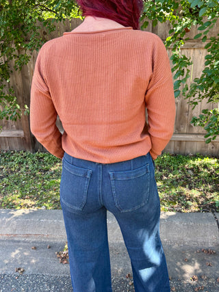 Rust Textured Split Neck Long Sleeve Top