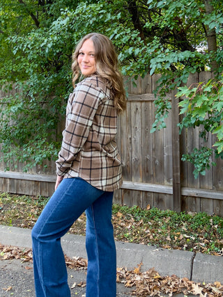 Light Brown, White, Black Stretch Plaid Button Up