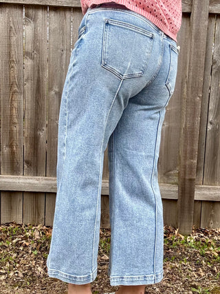 Risen Mid Rise Crop Wide Leg Pintuck Detail Jeans