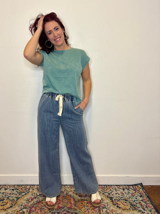 Wide Leg Denim Drawstring Pants