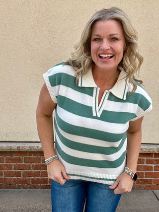 Jade Striped Collared Short Sleeve Sweater