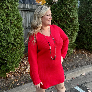 Red V-Neck Sweater Dress Gretchen's Size Inclusive Boutique Red V-Neck Sweater Dress Gretchen's Size Inclusive Boutique