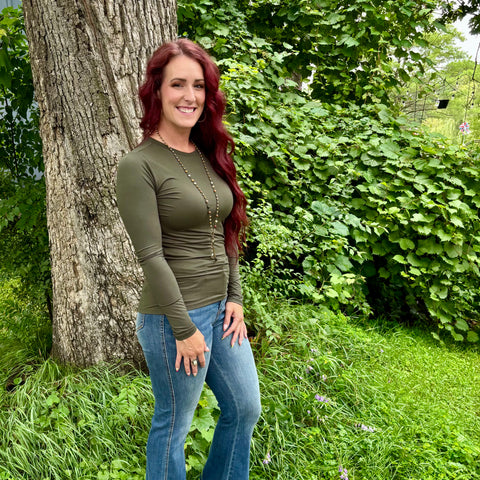 Olive Basic Round Neck Long Sleeve