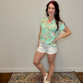 Mint Floral Ribbed Top