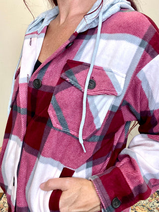 Cabernet Plaid Hooded Fleece Shacket