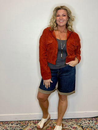 Rust Corduroy Cropped Bomber Jacket