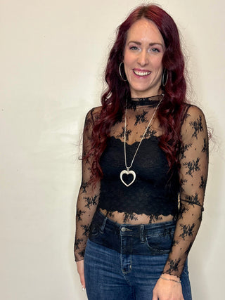 Black Long Sleeve Sheer Lace Top