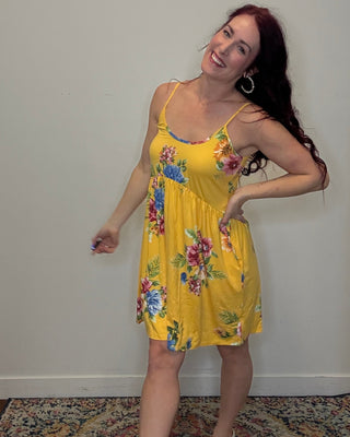 Yellow Flower Print Mini Tank Dress