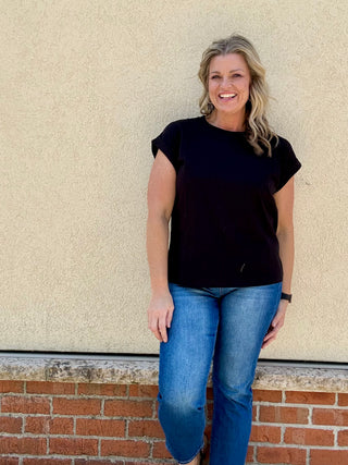 Black Round Neck Folded Sleeve Tee