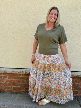 Multi Floral Tiered Smocked Waist Maxi Skirt
