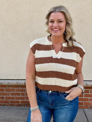 Camel Split Neck Sleeveless Stripe Sweater