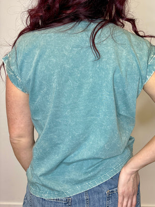 Blue Crinke Washed Folded Sleeve Tee