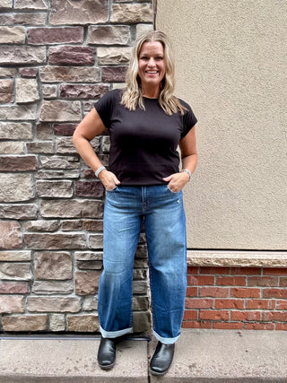 Risen Mid Rise Barrel Double Roll Up Stretch Jeans