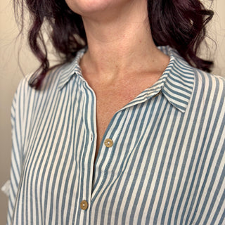 Oversized Teal Striped Button Down Short Sleeve