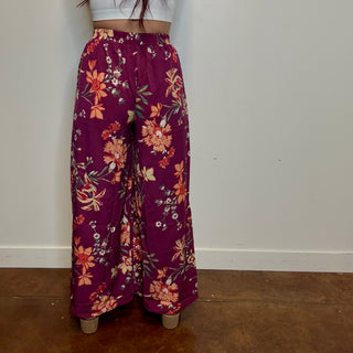 Plum Floral Print Wide Leg Pants