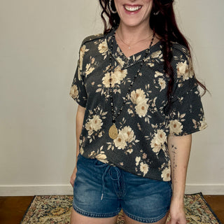 Charcoal Floral Ribbed Top