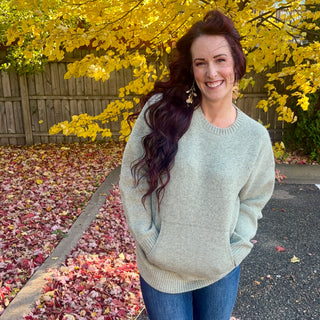 Moss Olive Crew Neck Sweater with Kangaroo Pocket