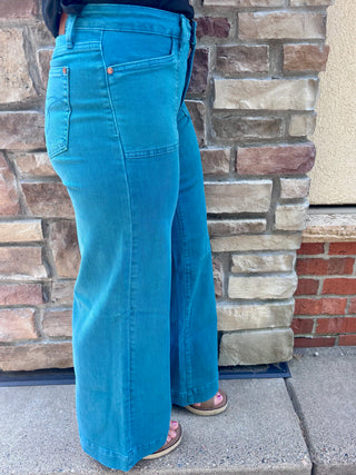 Judy Blue Mid Rise Teal Mr Utility Wide Leg Jean