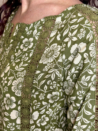 Green Lace Inset Bell Sleeve Blouse