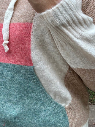 Tan, Teal, Cream, Coral Color Block Sweater Hoodie