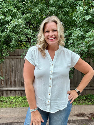 White Cuffed Short Sleeve Air Flow Split Neck Button Down Top
