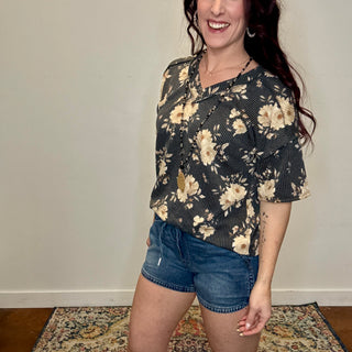 Charcoal Floral Ribbed Top