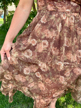 Floral Chiffon Ruffle Tiered Corset Midi Dress