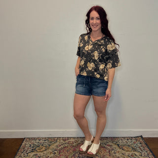 Charcoal Floral Ribbed Top