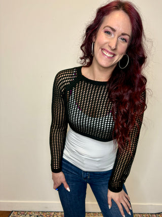 Black Hollow Knit Cropped Sweater