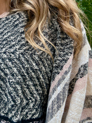 Black, Cream, Blush Plaid Hooded Poncho