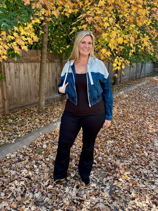 Risen Dark Denim Bomber Jacket with Gray Contrast Hoodie Top