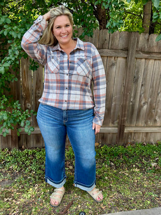 Blue, Blush, Tan Stretch Plaid Button Up