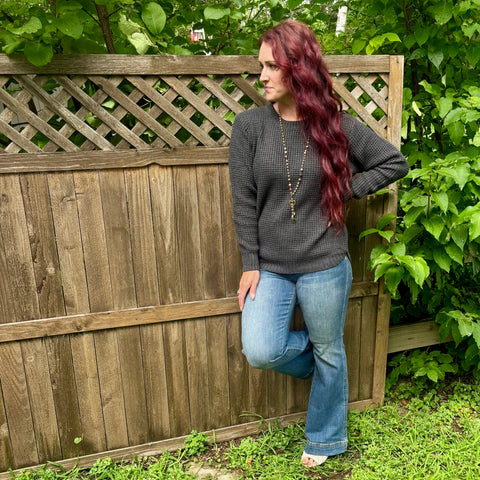 Charcoal Long Sleeve Round Neck Waffle Knit Sweater