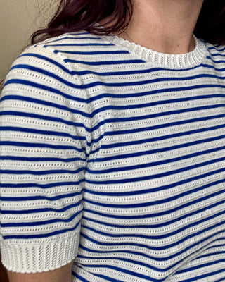 Navy Pointelle Striped Short Sleeve Sweater
