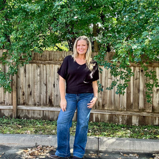 Black Short Sleeve V-Neck Dolman Sweater
