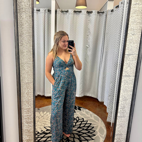Turquoise Floral, Twist Front Peekaboo Cutout Jumpsuit