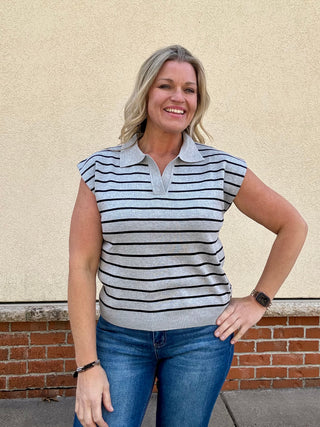 Grey/Black Striped Collared Sweater Sleeveless Top