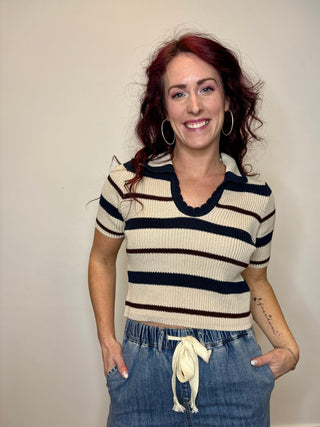 Navy Striped Collared Short Sleeve Cropped Sweater