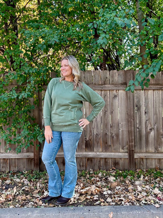 Army Green French Terry Dyed Pullover with Pockets