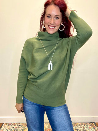 Light Olive Dolman Sleeve Mock Neck Sweater