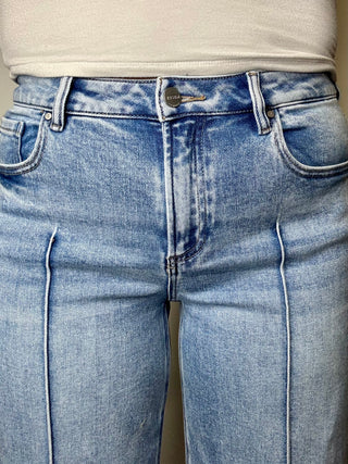 Risen Mid Rise Crop Wide Leg Pintuck Detail Jeans