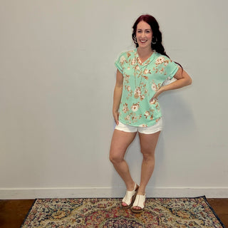 Mint Floral Ribbed Top