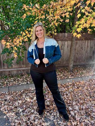 Risen Dark Denim Bomber Jacket with Gray Contrast Hoodie Top
