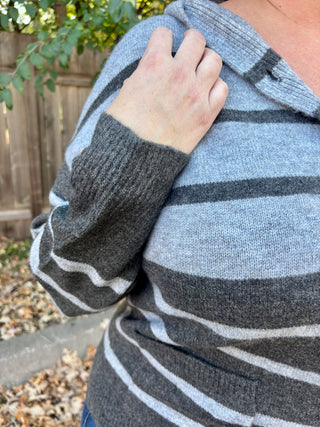 Charcoal Striped Button Down Hooded Cardigan