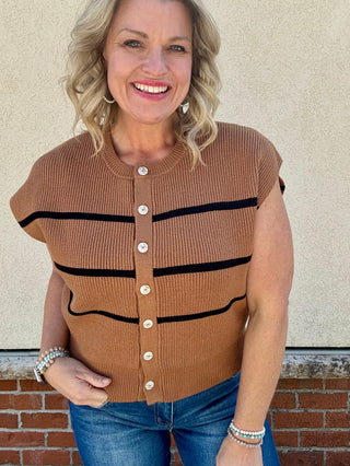 Camel Striped Button Up Sweater Vest