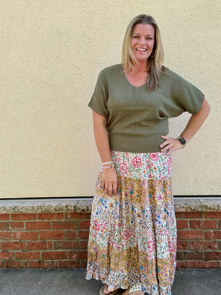 Multi Floral Tiered Smocked Waist Maxi Skirt