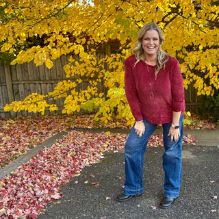 Dark Burgundy Round Neck Waffle Knit Sweater