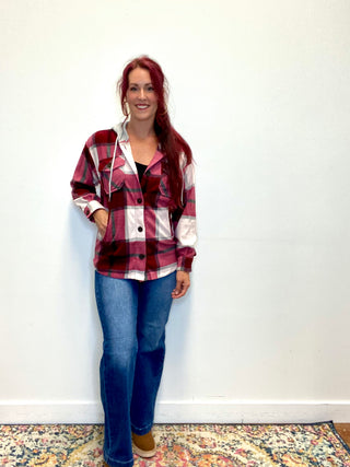 Cabernet Plaid Hooded Fleece Shacket