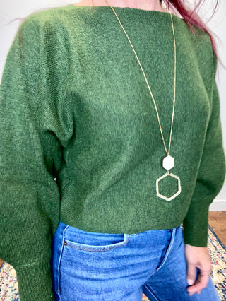 Dark Olive Boat Neck Balloon Sleeve Sweater